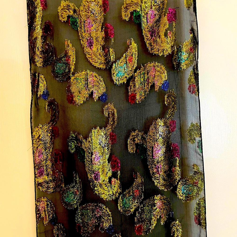 Berkshire Black Sheer Scarf with Metallic Gold Paisley and Multicolor Accents